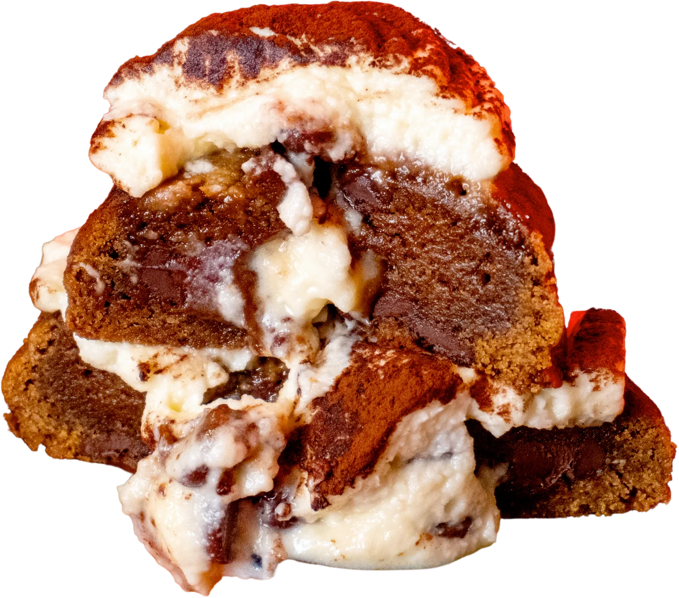 Real Tiramisù cookie split in half, revealing its cream and chocolate centre