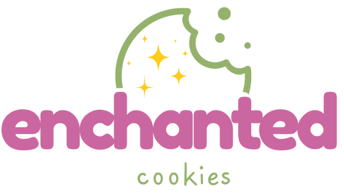 Logo for 'enchanted cookies' with a green cookie and pink text on a white background